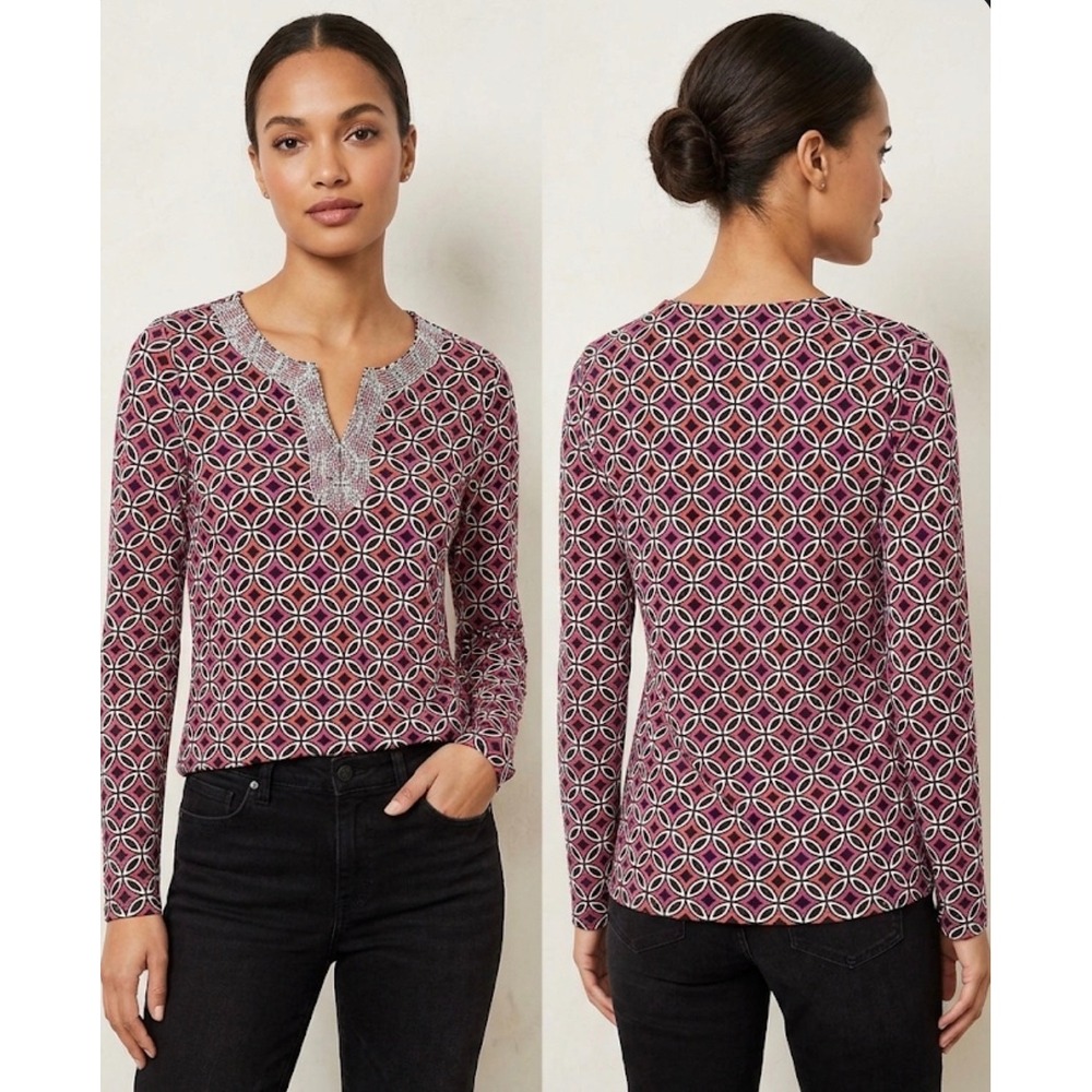 Ann Taylor Loft Beaded Geometric Print Top Purple‎ Orange Long Sleeve Blouse M